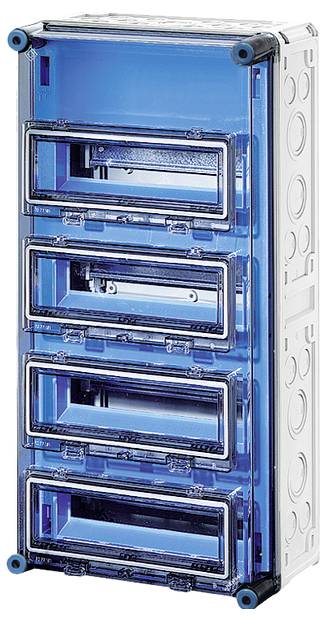 Un boîtier de sécurité vide, rectangulaire, avec cinq compartiments visibles. Le boîtier est bleu et transparent avec des côtés blancs.