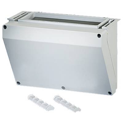 Un boîtier rectangulaire blanc en plastique avec un dessus ouvert et deux rails amovibles présente un composant technique.
