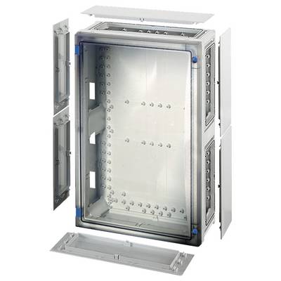 Armoire électrique en pièces détachées prêtes à être assemblées. Présente des portes ouvertes, des parois latérales amovibles et des canaux de câblage protégés.