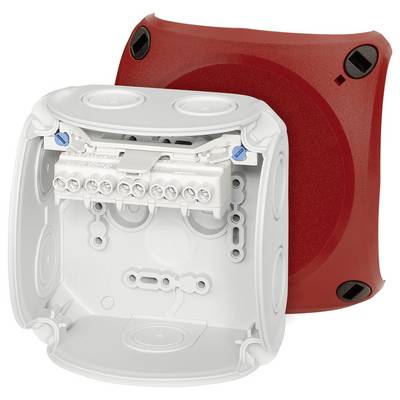 Une boîte de dérivation rouge et blanche ouverte avec plusieurs bornes de connexion, adaptée aux installations électriques.