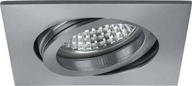 Spot encastré LED au plafond, encadré en acier inoxydable carré, légèrement incliné, révélant plusieurs petites lumières LED à l'intérieur.