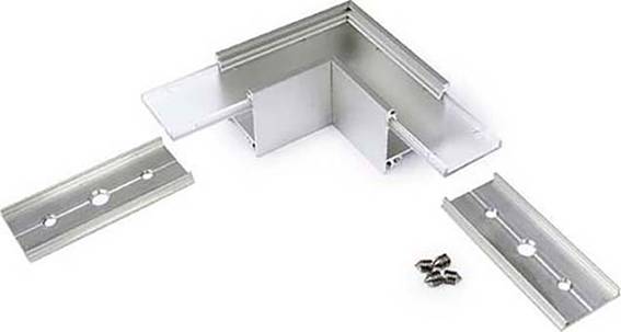 Angle de boîtier métallique avec deux éléments de rail et des vis, adapté pour des montages mécaniques ou des constructions.