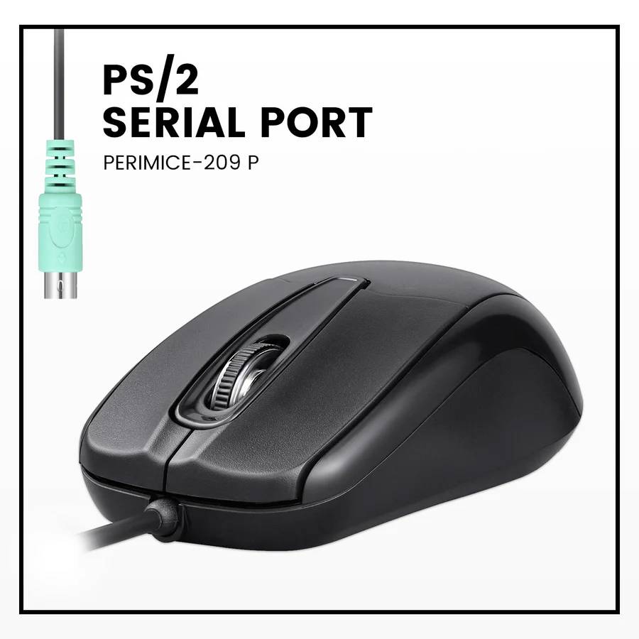 Souris d'ordinateur noire avec port série PS/2 à gauche. Texte en haut à gauche : 'PS/2 SERIAL PORT', modèle 'PERIMICE-209 P'.
