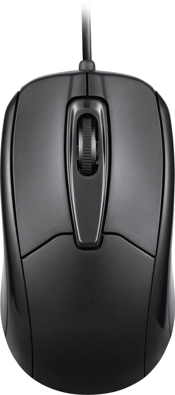 Souris d'ordinateur noire vue de dessus, avec câble, molette de défilement au centre et deux boutons principaux. Convient à un usage de bureau.