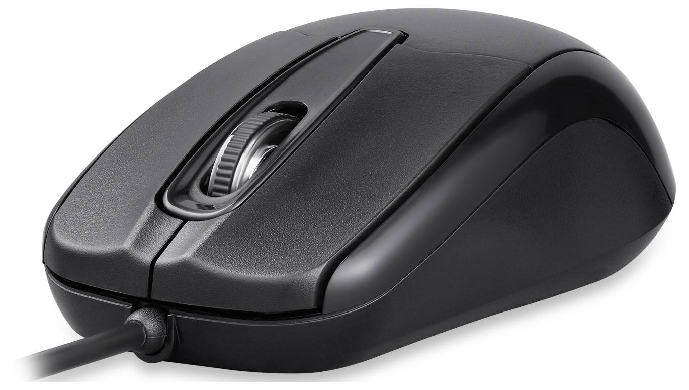 Souris d'ordinateur noire avec câble, boutons gauche et droit, et une molette de défilement, sur fond blanc.