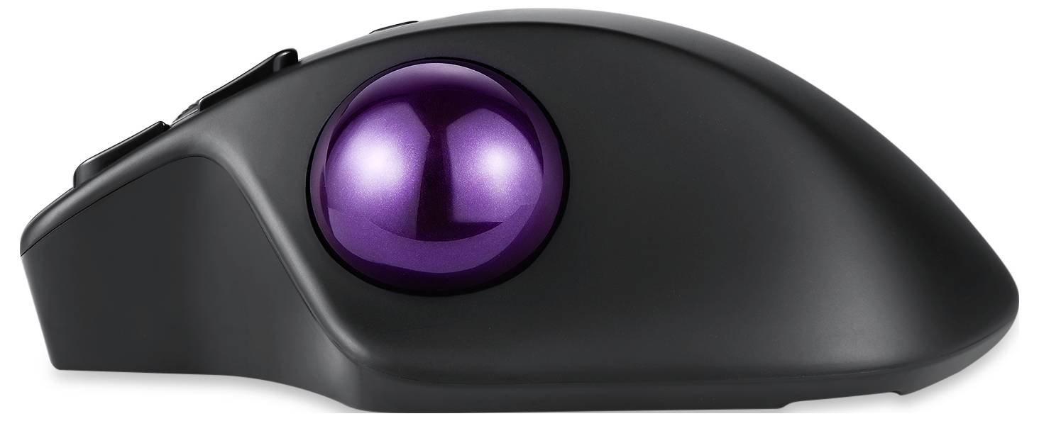 Souris trackball ergonomique noire avec trackball violet sur le côté gauche, adaptée pour un contrôle précis de l'ordinateur.