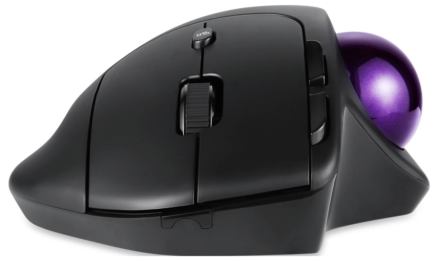 Une souris trackball ergonomique noire avec un trackball violet, deux boutons supplémentaires sur la gauche, adaptée aux travaux nécessitant de la précision.