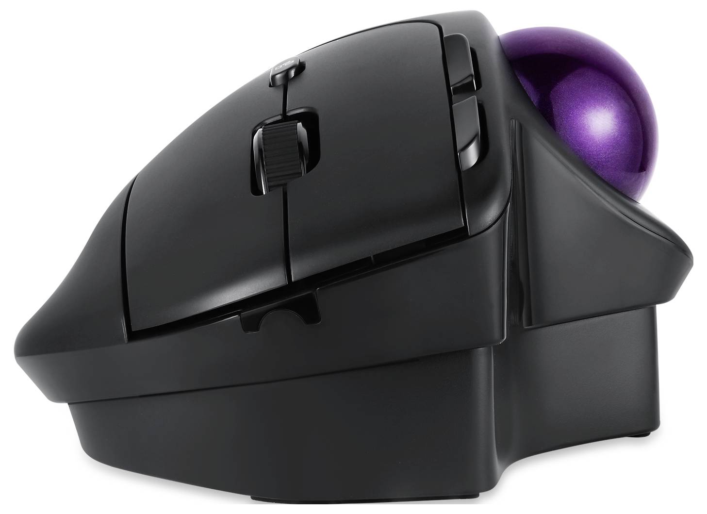 Une souris trackball ergonomique en noir avec un trackball violet sur le côté droit, adaptée pour un contrôle précis et un travail confortable.