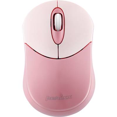 Souris d'ordinateur rose avec molette de défilement et boutons de clic gauche et droit. Nom de marque visible en bas.