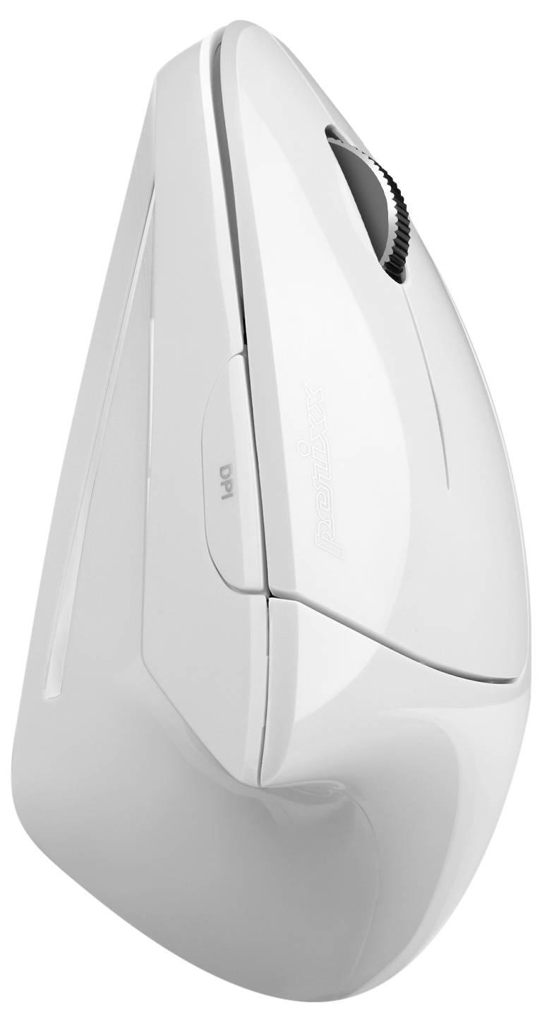 Souris d'ordinateur ergonomique verticale en blanc, équipée d'une molette de défilement et d'un port USB. Conçue pour le confort du poignet.
