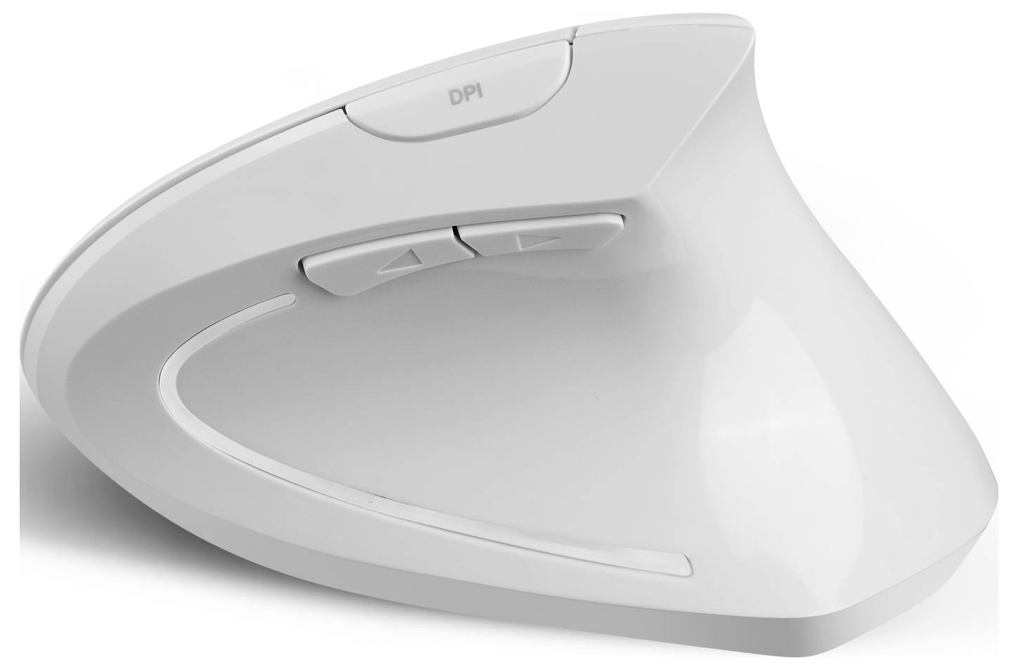 Souris d'ordinateur ergonomique blanche avec un design vertical, deux boutons, une molette de défilement et un bouton DPI en haut qui contrôle la sensibilité.