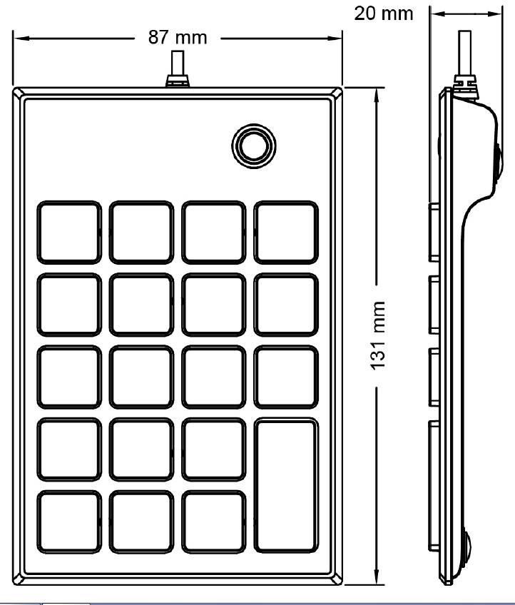 Dessin technique d'un appareil rectangulaire avec clavier. Dimensions : largeur 87 mm, hauteur 131 mm, profondeur 20 mm. Vue de dessus et vue latérale présentées.