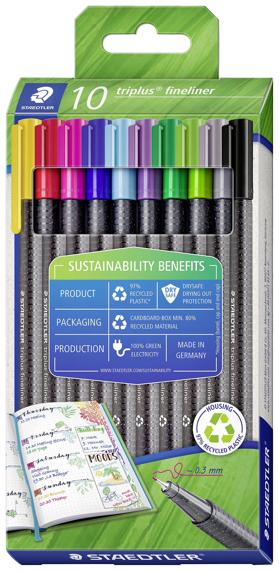 Lot de 10 feutres fins colorés de STAEDTLER. Avantages en matière de développement durable : plastique recyclé, production respectueuse de l'environnement.