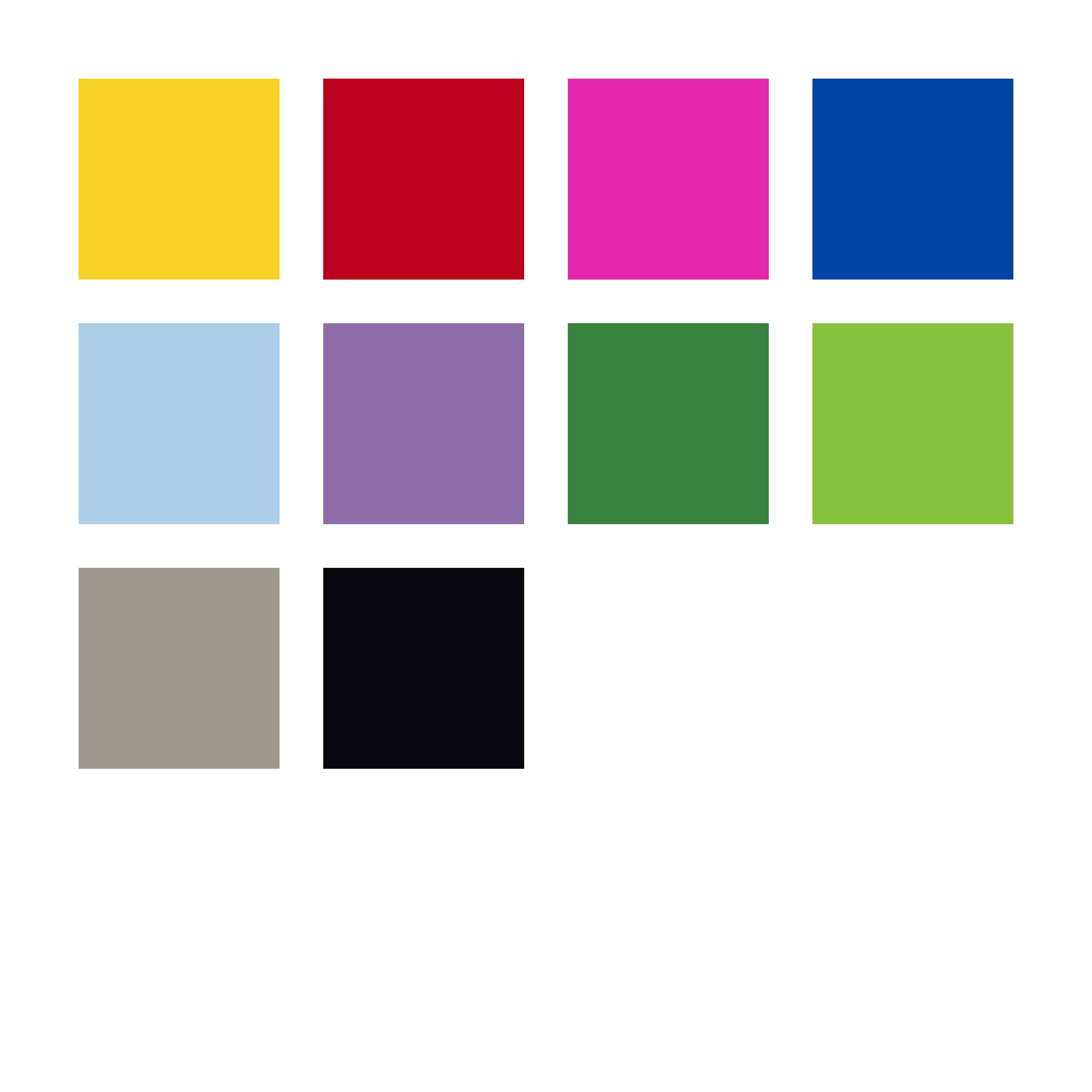 Dix carrés colorés disposés en deux rangées, avec différentes couleurs comme le jaune, le rouge, le rose, le bleu et le vert sur un fond blanc.