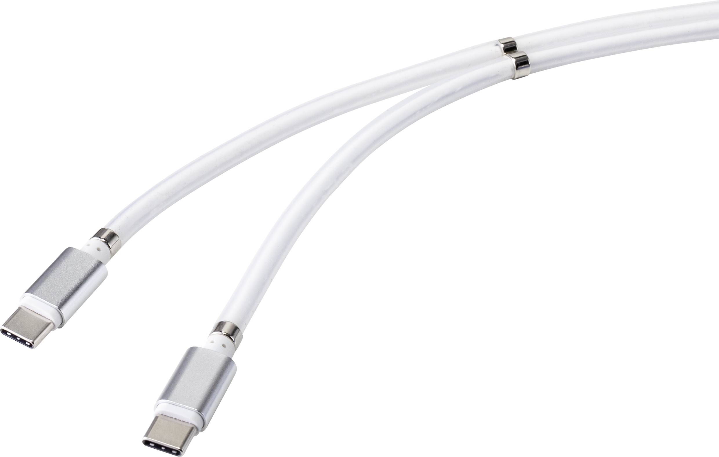 Deux câbles USB-C blancs avec des connecteurs argentés sur un fond blanc. Ils sont courbés et montrent leurs ports de connexion.