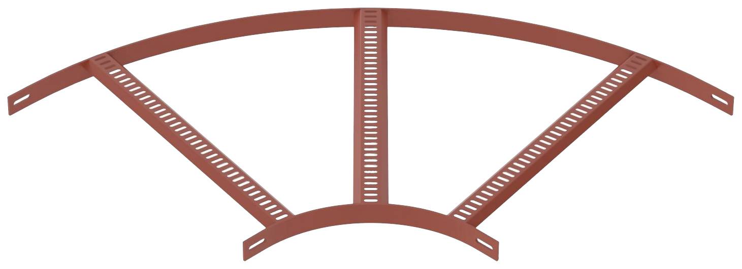 Goulottes de câbles incurvées de couleur rouge, à multiples traverses en treillis, servant de support pour les câbles selon une large courbe.