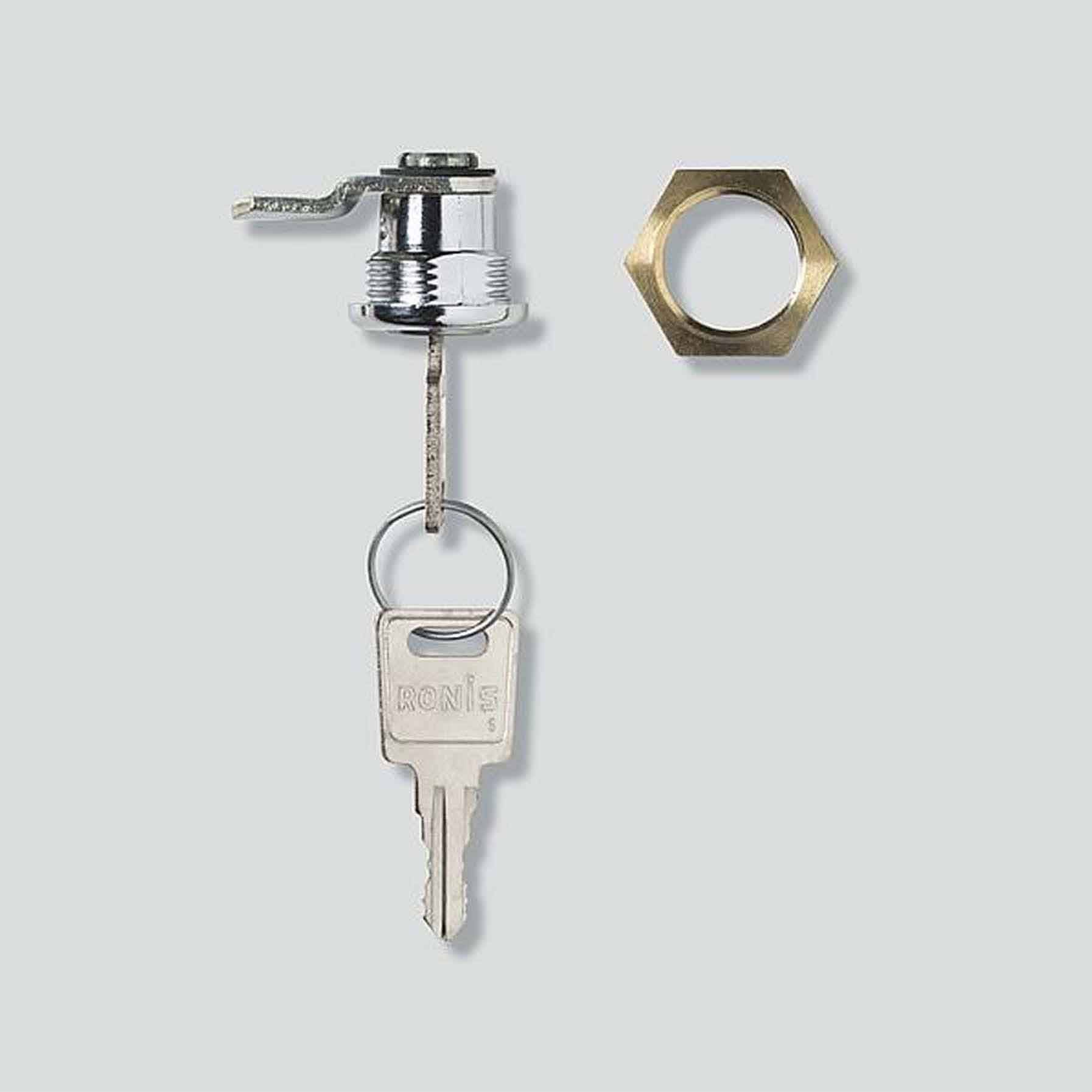 Un cadenas argenté avec une clé et un écrou hexagonal sur un fond gris. La clé est connectée au cadenas.