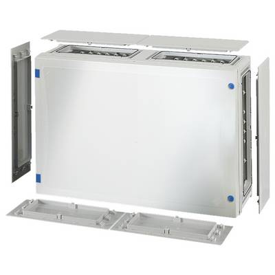 Un coffret de distribution développé avec son couvercle ouvert, montrant différentes possibilités de montage.
