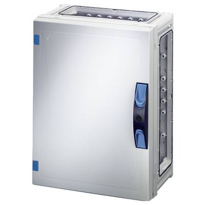 Une armoire électrique grise en plastique avec une barre de poignée bleue et un couvercle transparent. Adaptée pour contenir des composants électriques.