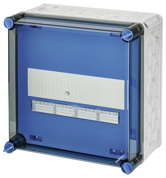 Boîte de sécurité bleue avec couvercle transparent et rails montables sur la face intérieure.