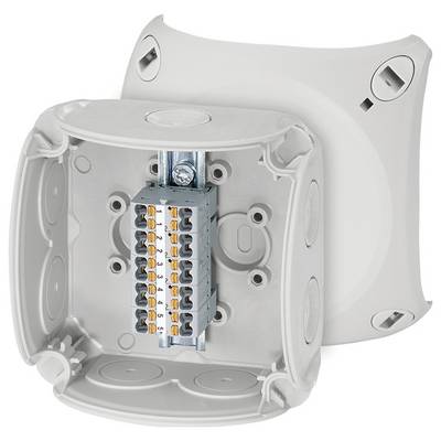 Une boîte de dérivation grise au couvercle ouvert, montrant un bornier avec plusieurs connexions à l'intérieur, adapté aux câblages électriques.