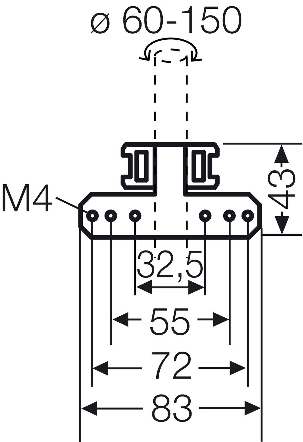 Dessin technique d'un composant de fixation. Affiche les dimensions en millimètres : diamètre 60-150, profondeur 43, largeurs 32,5, 55, 72, 83. Vis M4 représentée.