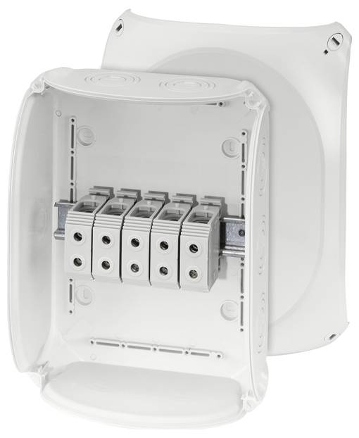 Boîtier blanc rectangulaire avec un couvercle rabattable, quatre bornes de connexion argentées à l'intérieur. Adapté pour les connexions électriques.
