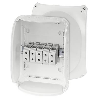 Boîtier blanc rectangulaire avec un couvercle rabattable, quatre bornes de connexion argentées à l'intérieur. Adapté pour les connexions électriques.