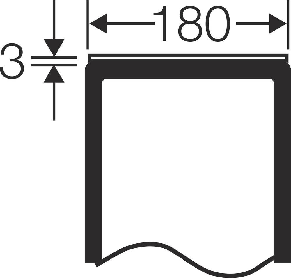 Un dessin technique représente un composant rectangulaire avec des dimensions de 180 mm de largeur et 3 mm de profondeur sur le côté gauche.
