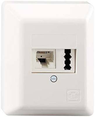 Une prise murale blanche avec une connexion Ethernet et une connexion téléphonique.