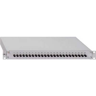 Boîtier métallique de rack avec 24 connexions numérotées disposées en ligne horizontale. Chaque prise est étiquetée avec des numéros allant de 1 à 24.