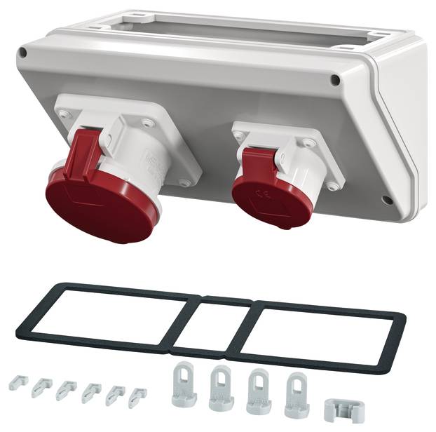L'image montre une prise électrique double blanche avec des couvercles rouges et du matériel de montage, adaptée aux applications industrielles.