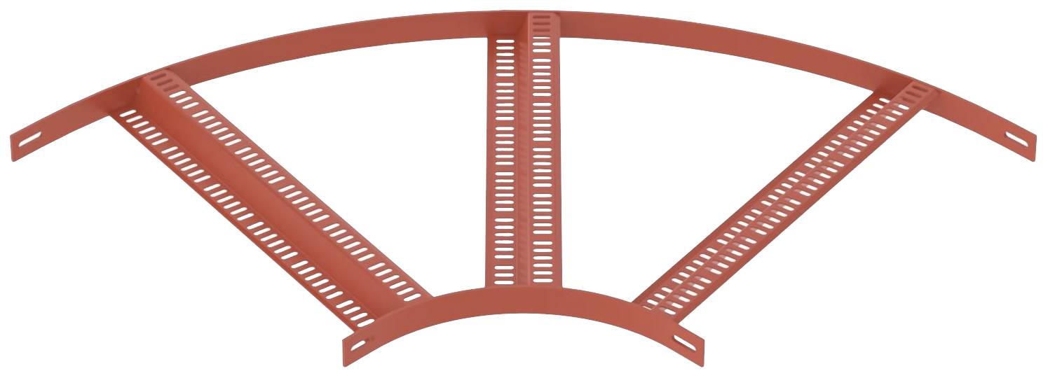 Goulotte de câbles peinte en rouge dans un design arqué, avec des fentes de ventilation et trois sections verticales reliées à la base.
