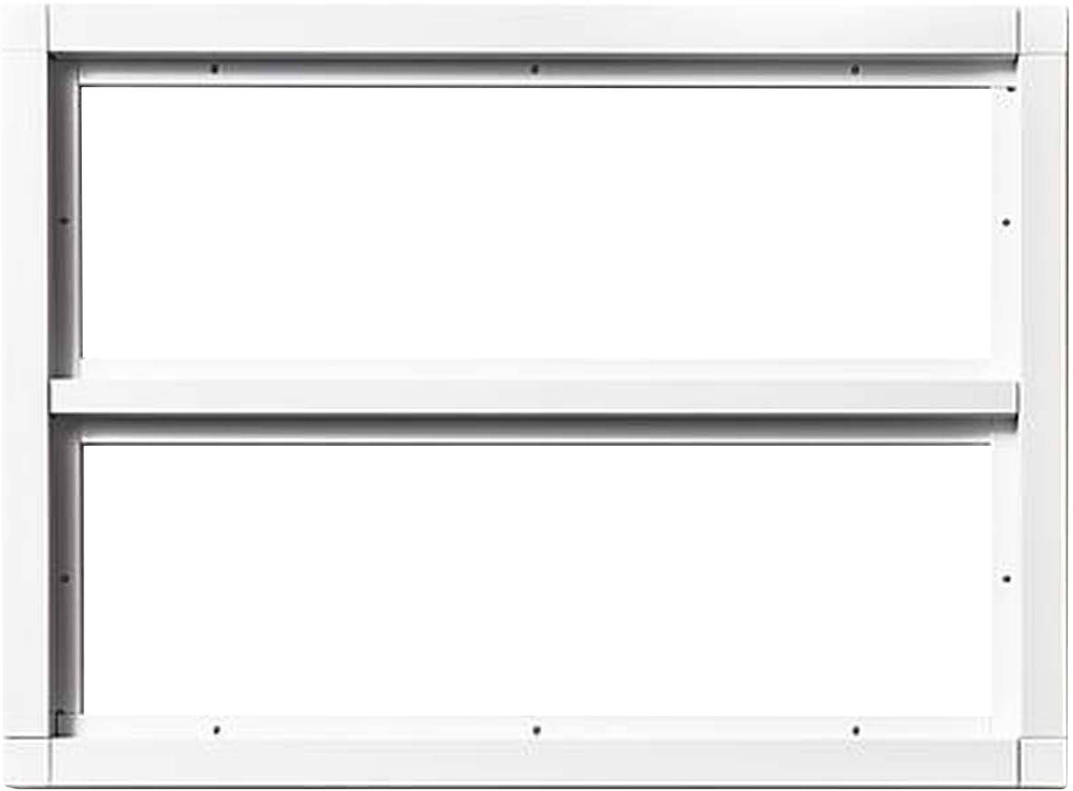 Cadre de fenêtre blanc avec deux traverses horizontales ; design épuré sans verre.
