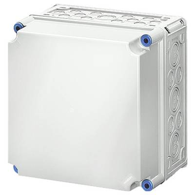 Boîte de dérivation en plastique gris-blanc avec entrées latérales pour câbles. Convient aux installations électriques intérieures.