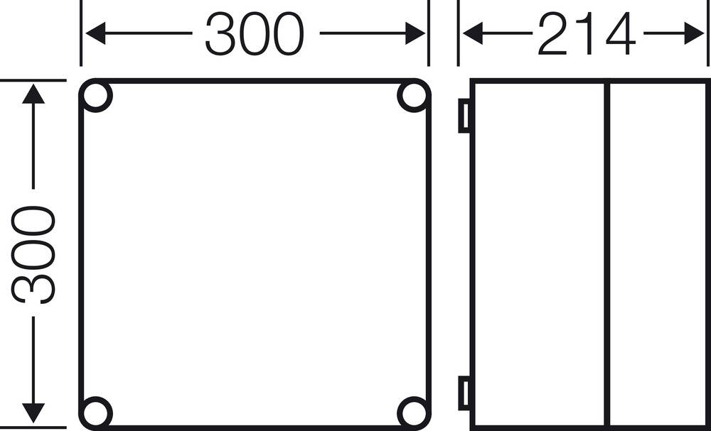 Dessin d'un boîtier rectangulaire avec dimensions : 300 mm x 300 mm x 214 mm, vue de face et vue latérale.
