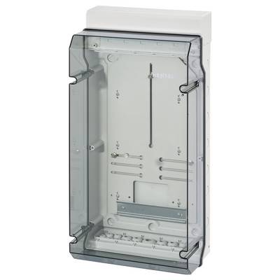 Boîtier avec couvercle transparent et cadre blanc, adapté aux installations électriques. Logo de la marque visible à l'intérieur.