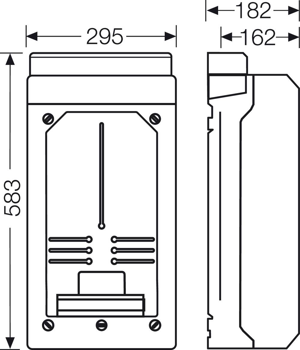 Vue et dimensions d'un dispositif technique rectangulaire. Vue de face présentant les détails et les connexions ; dimensions : 583 mm de hauteur, 295 mm de largeur.