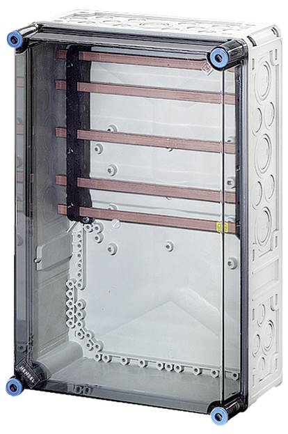 Boîtier avec couvercle transparent et plusieurs rails de cuivre. Angles dotés de capots bleus. Adapté pour la construction de tableaux électriques.