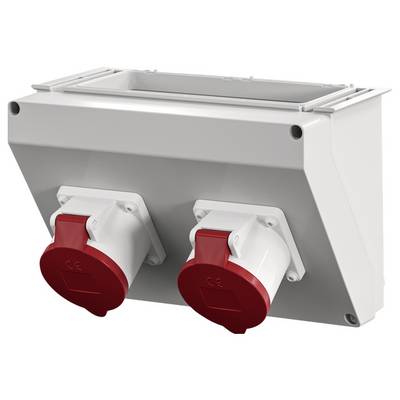 Deux prises industrielles rouges et blanches sur un boîtier rectangulaire, avec des trous de montage visibles.