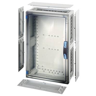 Un coffret électrique vide en argent avec une poignée bleue, pourvu de plusieurs portes et panneaux amovibles, adapté pour le montage de composants électriques.