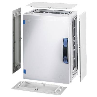 Armoire électrique avec des poignées bleues, partiellement ouverte. Montre des couvercles amovibles et une structure modulaire.