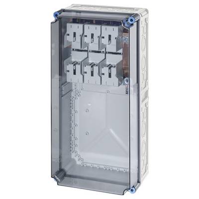 Un boîtier en plastique gris avec plusieurs compartiments et possibilités de connexion, partiellement transparent pour montrer les structures internes.