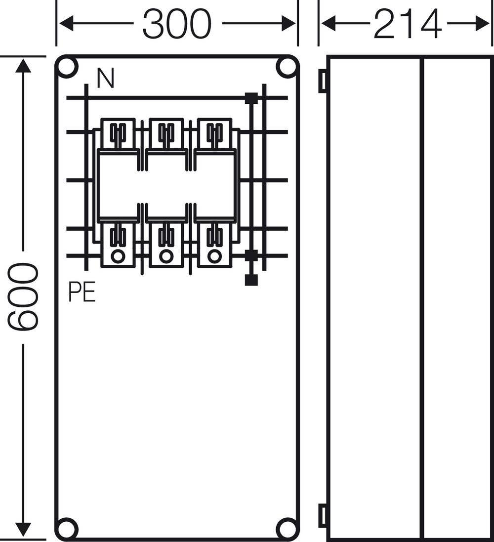 Représentation d'un boîtier électrique avec les dimensions 300 x 600 x 214 mm. Il montre les points de connexion pour N et PE à l'intérieur.