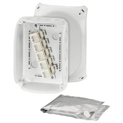 Une prise électrique blanche à quatre bornes, ouverte. Au premier plan, un sachet de film scellé.