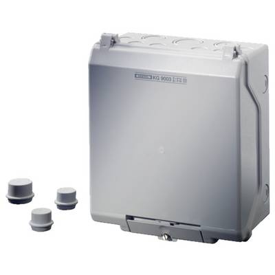 Boîtier en plastique gris avec couvercle et trois bouchons d'obturation amovibles, adapté pour les installations électriques.