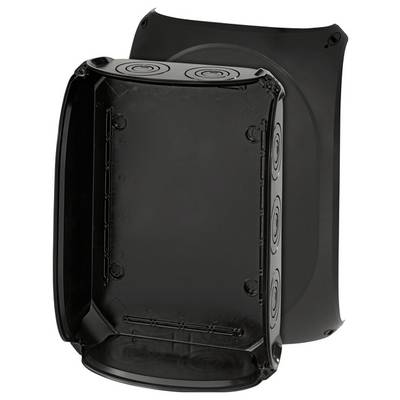 Un boîtier rectangulaire noir en plastique avec un couvercle arrière amovible et des ouvertures rondes sur les côtés, adapté à la gestion des câbles.
