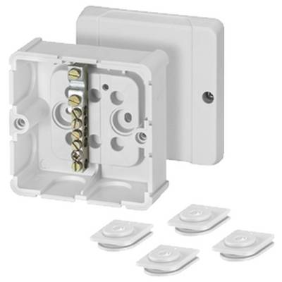 Un boîtier en plastique blanc pour installations électriques, ouvert et montrant plusieurs bornes de connexion, avec quatre serre-câbles compatibles à côté.