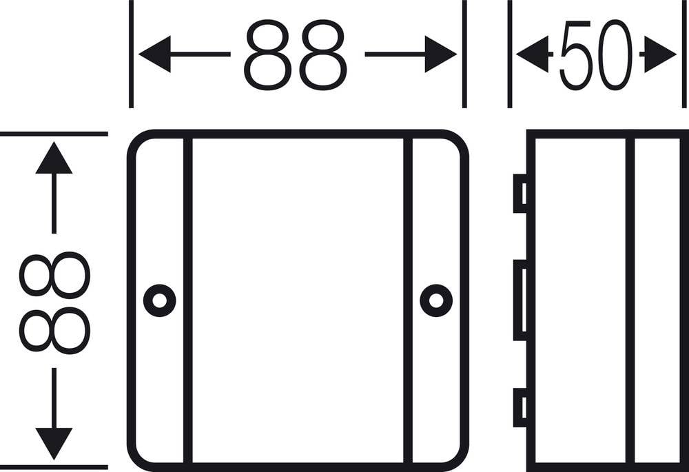 L'image montre les dimensions techniques d'un objet carré : 88 mm de largeur, 88 mm de hauteur, 50 mm de profondeur, avec des connexions latérales.