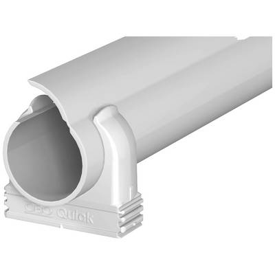 Un tuyau en plastique gris à section ovale portant l'inscription 'OBO Quick' sur le socle, adapté pour la fixation de câbles.